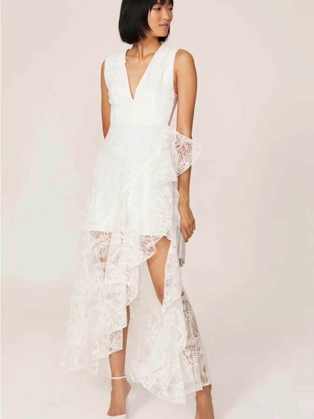 V-Neck White Lace High-Low Maxi Dress